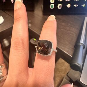 10mm deep cushion cut Smoky quartz, halo cz diamonds, solid sterling ring!